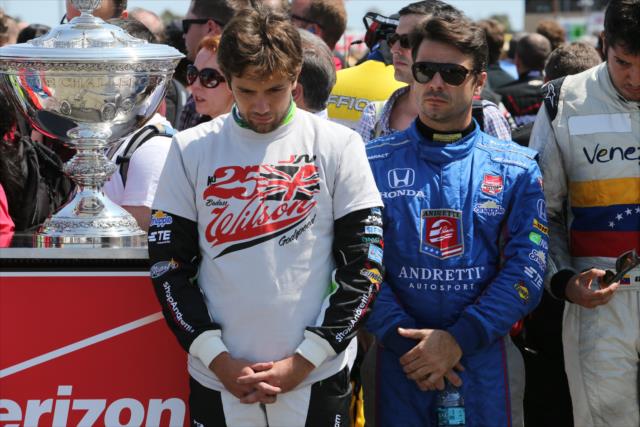 Carlos Munoz, Oriol Servia, and Rodolfo Gonzalez with a moment of silence to remmeber Justin Wilson prior to the GoPro Grand Prix of Sonoma at Sonoma Raceway -- Photo by: Chris Jones