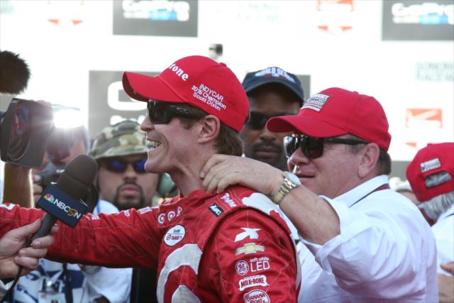 Scott Dixon and Chip Ganassi celebrate their 2015 Verizon IndyCar Series championship at Sonoma Raceway -- Photo by: Chris Jones