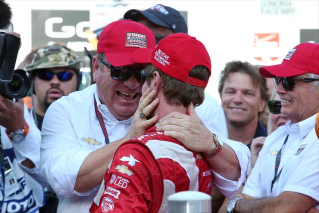 Team owner Chip Ganassi congratulates Scott Dixon on his victory in the GoPro Grand Prix of Sonoma and the 2015 Verizon IndyCar Series Championship -- Photo by: Chris Jones