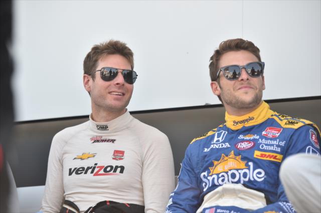 Will Power and Marco Andretti wait backstage during pre-race festivities for the GoPro Grand Prix of Sonoma -- Photo by: Chris Owens