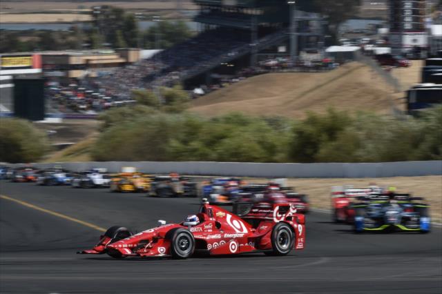 Scott Dixon leads the field into Turn 7 during the GoPro Grand Prix of Sonoma -- Photo by: Chris Owens