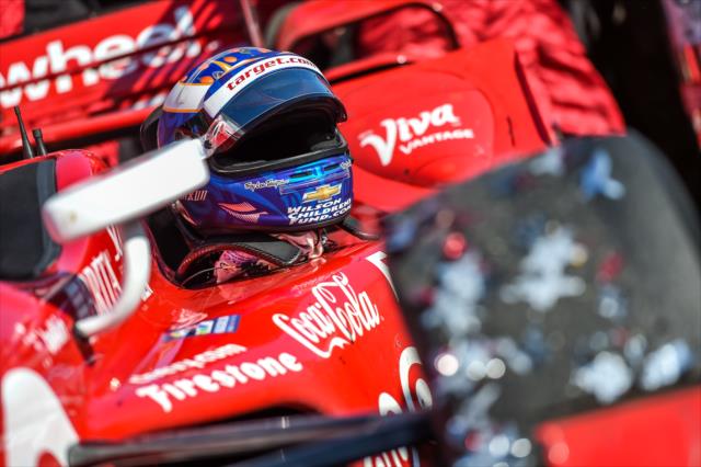 The helmet of Scott Dixon sits idle in Victory Circle at Sonoma Raceway following his win in the GoPro Grand Prix of Sonoma -- Photo by: Chris Owens