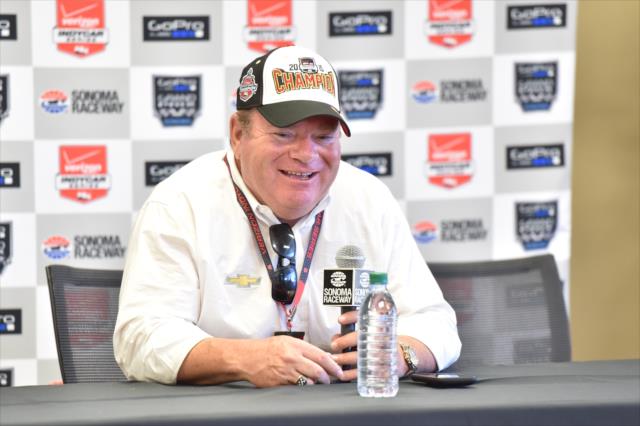 Chip Ganassi answers questions from the media following their 2015 Verizon IndyCar Series Championship -- Photo by: Chris Owens