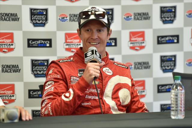 Scott Dixon answers media questions following his becoming the 2015 Verizon IndyCar Series Champion -- Photo by: Chris Owens