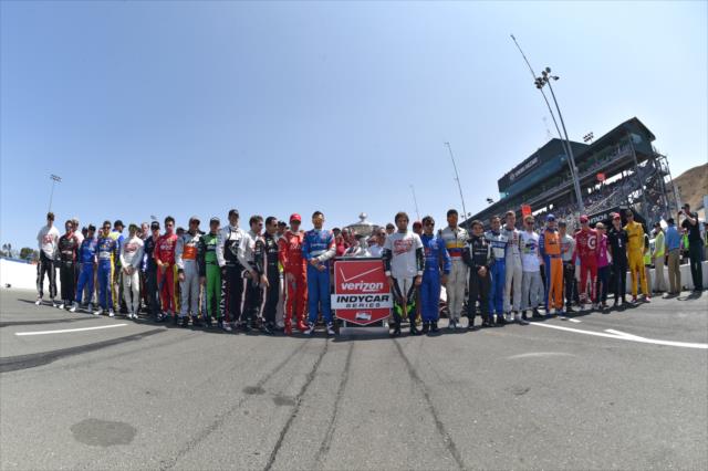 Verizon IndyCar Series drivers line up at the Start/Finish line prior to the start of the GoPro Grand Prix of Sonoma at Sonoma Raceway -- Photo by: John Cote