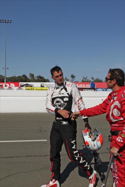 Graham Rahal congratulates a Target Chip Ganassi Racing crewman following the GoPro Grand Prix of Sonoma at Sonoma Raceway -- Photo by: Richard Dowdy