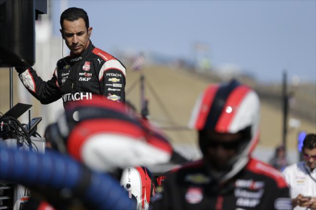 Helio Castroneves waits along pit lane prior to the final practice for the GoPro Grand Prix of Sonoma at Sonoma Raceway -- Photo by: Shawn Gritzmacher
