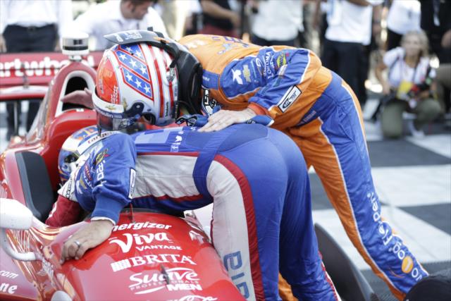 Teammates Tony Kanaan and Charlie Kimball congratulate Scott Dixon after he wins the GoPro Grand Prix of Sonoma and the 2015 Verizon IndyCar Series Championship -- Photo by: Shawn Gritzmacher