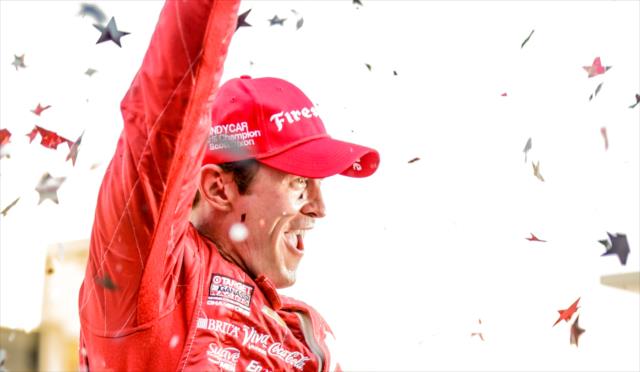 Scott Dixon celebrates winning the GoPro Grand Prix of Sonoma and the 2015 Verizon IndyCar Series Championship -- Photo by: Shawn Gritzmacher