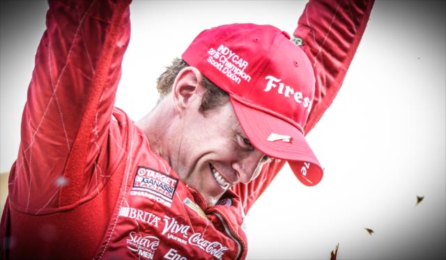 Scott Dixon celebrates his victory in the GoPro Grand Prix of Sonoma and the 2015 Verizon IndyCar Series Championship -- Photo by: Shawn Gritzmacher