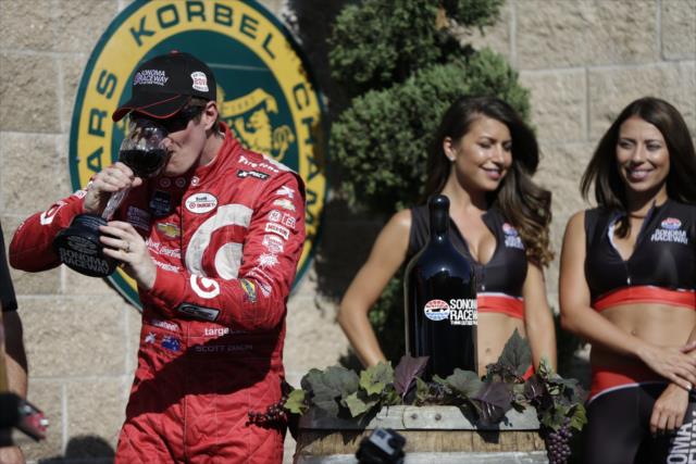 Scott Dixon sips from the ceremonial wine goblet as the winner of the GoPro Grand Prix of Sonoma at Sonoma Raceway -- Photo by: Shawn Gritzmacher