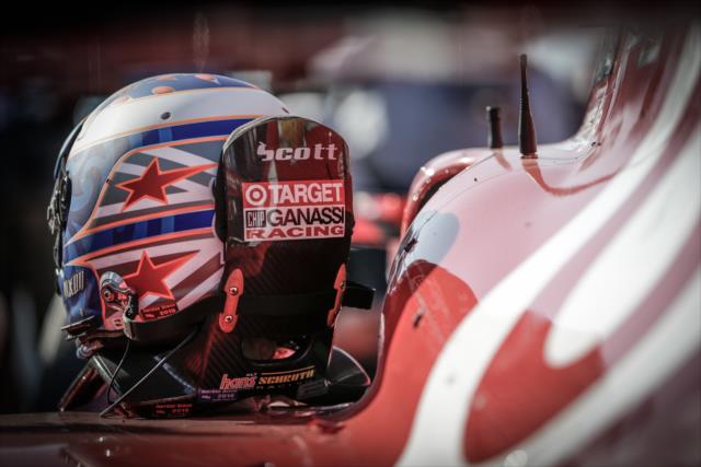 The helmet of Scott Dixon sits idle in Victory Circle following his win in the GoPro Grand Prix of Sonoma at Sonoma Raceway -- Photo by: Shawn Gritzmacher