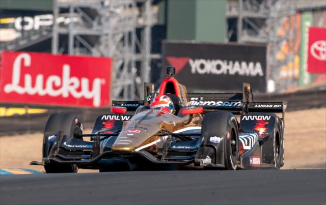 James Hinchcliffe crests the Turn 2 hill during the open test at Sonoma Raceway -- Photo by: Mike Finnegan