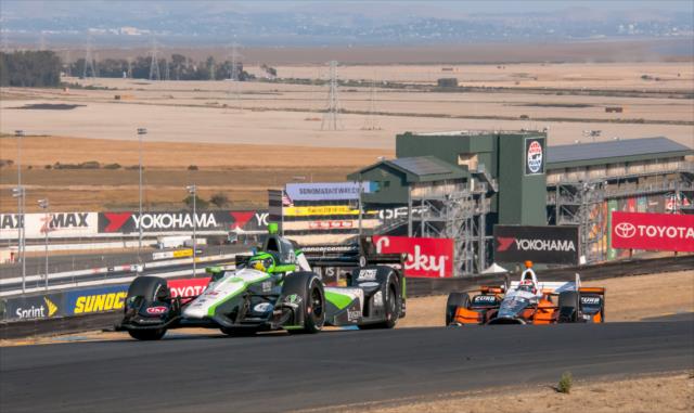 Conor Daly and Alexander Rossi race up the Turn 2 hill during the open test at Sonoma Raceway -- Photo by: Mike Finnegan