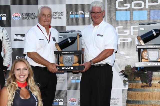 Roger Penske accepts the winning owner's trophy in Victory Lane following the GoPro Grand Prix of Sonoma -- Photo by: Chris Jones