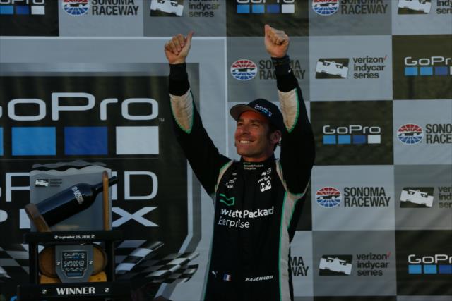 Simon Pagenaud celebrates his victory in the GoPro Grand Prix of Sonoma and becoming the 2016 Verizon IndyCar Series Champion -- Photo by: Chris Jones