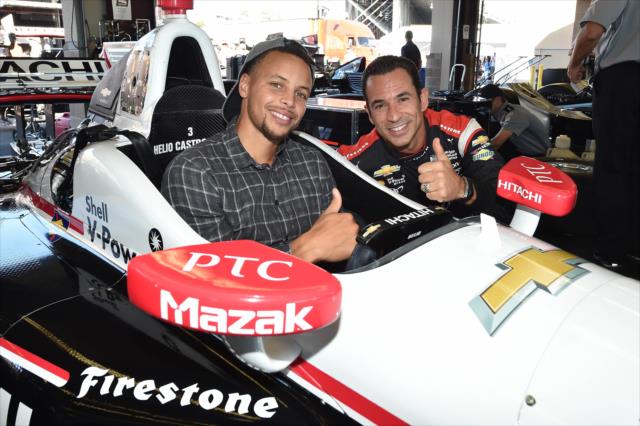 Helio Castroneves and NBA superstar Stephan Curry in the Sonoma Raceway paddock -- Photo by: Chris Owens