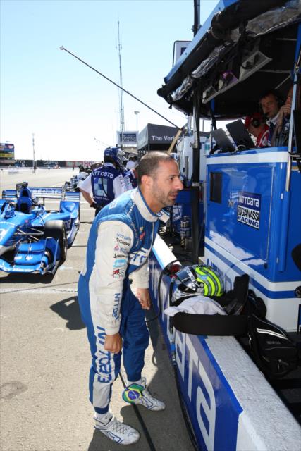 Tony Kanaan chats with his team along pit lane prior to the final warmup for the GoPro Grand Prix of Sonoma at Sonoma Raceway -- Photo by: Richard Dowdy