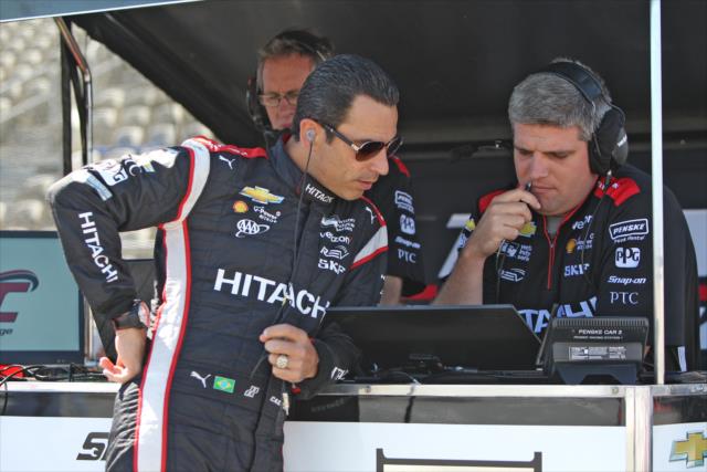 Helio Castroneves reviews data on pit lane following the final warmup for the GoPro Grand Prix of Sonoma at Sonoma Raceway -- Photo by: Richard Dowdy