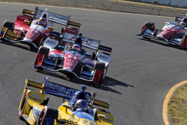 Takuma Sato mixes it up entering the Turn 6 Carousel during the GoPro Grand Prix of Sonoma -- Photo by: Richard Dowdy