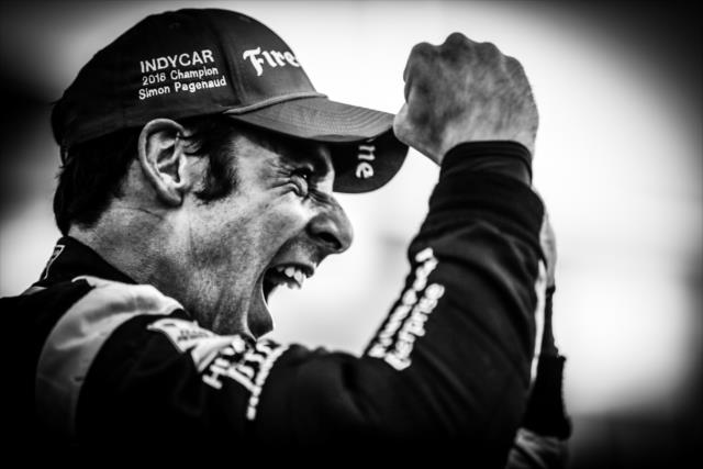 Simon Pagenaud celebrates in Victory Lane following his win in the GoPro Grand Prix of Sonoma to become the 2016 Verizon IndyCar Series Champion -- Photo by: Shawn Gritzmacher