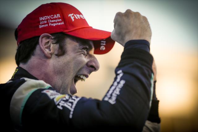Simon Pagenaud celebrates in Victory Lane following his win in the GoPro Grand Prix of Sonoma to become the 2016 Verizon IndyCar Series Champion -- Photo by: Shawn Gritzmacher