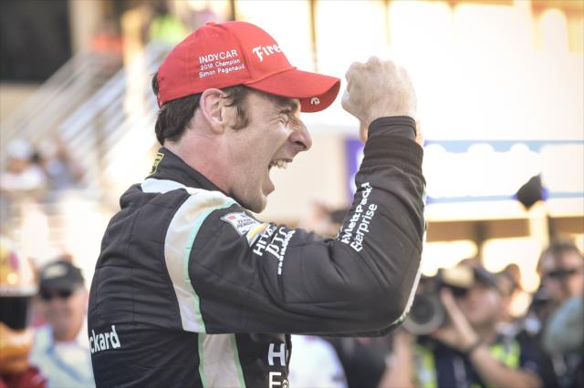 Simon Pagenaud celebrates in Victory Lane following his win in the GoPro Grand Prix of Sonoma to become the 2016 Verizon IndyCar Series Champion -- Photo by: Chris Owens