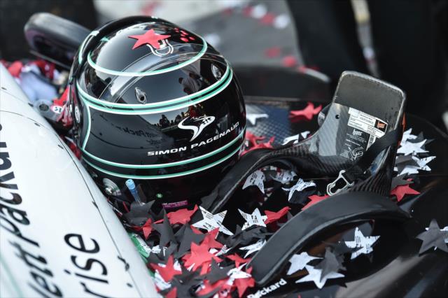 Confetti adorns the car, helmet, and HANS Device of Simon Pagenaud in Victory Lane following the GoPro Grand Prix of Sonoma -- Photo by: Chris Owens