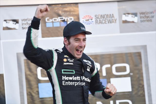 Simon Pagenaud celebrates in Victory Lane following his win in the GoPro Grand Prix of Sonoma to become the 2016 Verizon IndyCar Series Champion -- Photo by: Chris Owens