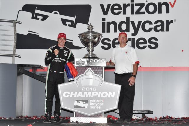 Simon Pagenaud with Firestone chief engineer Dale Harrigle following his win in the GoPro Grand Prix of Sonoma to become the 2016 Verizon IndyCar Series Champion -- Photo by: Chris Owens