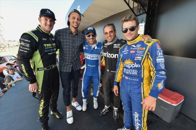 Charlie Kimball, Tony Kanaan, Juan Pablo Montoya and Marco Andretti with NBA All-Star Steph Curry backstage during pre-race festivities for the GoPro Grand Prix of Sonoma -- Photo by: Chris Owens