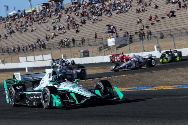 Simon Pagenaud leads the field through the Turn 9-9A Esses during the GoPro Grand Prix of Sonoma -- Photo by: Joe Skibinski