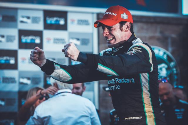 Simon Pagenaud begins the celebration in Victory Lane following his win in the GoPro Grand Prix of Sonoma to become the 2016 Verizon IndyCar Series Champion -- Photo by: Joe Skibinski