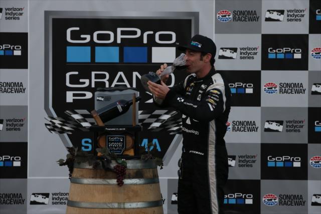 Simon Pagenaud sips from the ceremonial wine goblet after winning the GoPro Grand Prix of Sonoma -- Photo by: Chris Jones