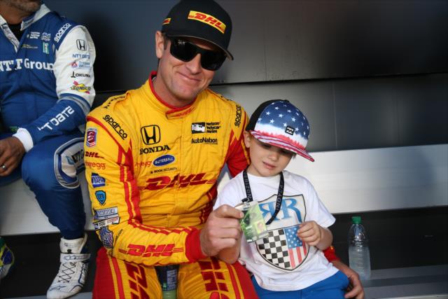 Ryan Hunter-Reay and his son backstage during pre-race introductions for the GoPro Grand Prix of Sonoma -- Photo by: Chris Jones