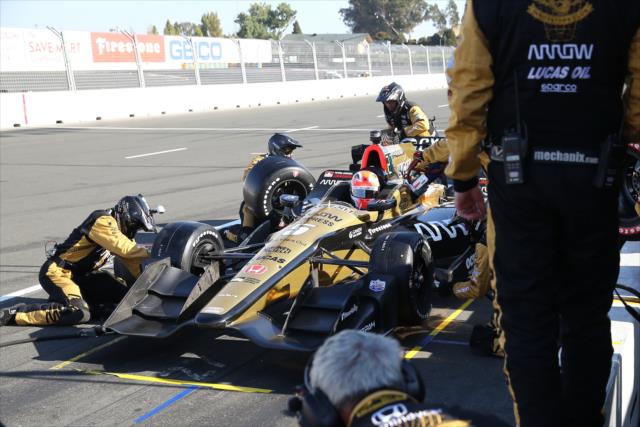 James Hinchcliffe comes in for tires and fuel on pit lane during the GoPro Grand Prix of Sonoma -- Photo by: Chris Jones