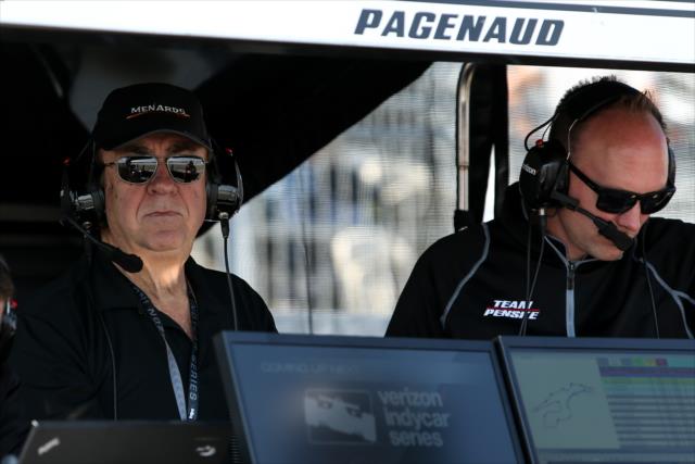 John Menard and Ben Bretsman watch track activity from Simon Pagenaud's pitstand during the final warmup for the GoPro Grand Prix of Sonoma at Sonoma Raceway -- Photo by: Joe Skibinski