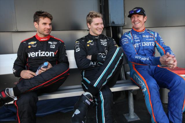 Will Power, Josef Newgarden and Scott Dixon chat backstage during pre-race introductions for the GoPro Grand Prix of Sonoma -- Photo by: Joe Skibinski