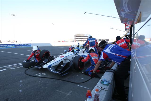 Sebastien Bourdais comes in for tires and fuel on pit lane during the GoPro Grand Prix of Sonoma at Sonoma Raceway -- Photo by: Joe Skibinski