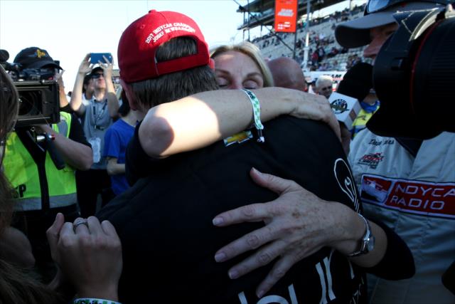 Josef Newgarden gets a hug from his mother after winning the 2017 Verizon IndyCar Series championship -- Photo by: Joe Skibinski