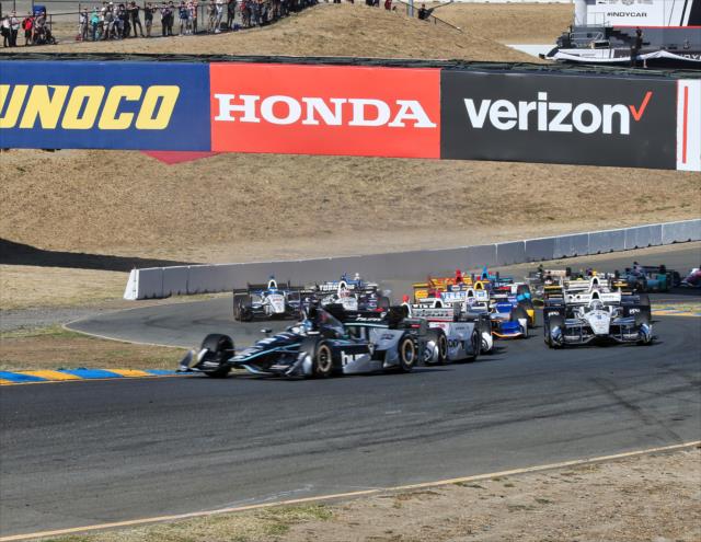 Josef Newgarden leads the field into Turn 2 during the start of the GoPro Grand Prix of Sonoma at Sonoma Raceway -- Photo by: Richard Dowdy