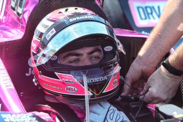 Jack Harvey gets strapped into his No. 7 AutoNation Honda on pit lane prior to the final warmup for the GoPro Grand Prix of Sonoma at Sonoma Raceway -- Photo by: Richard Dowdy
