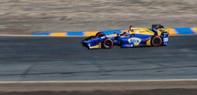 Alexander Rossi sails out of Turn 2 during the final warmup for the GoPro Grand Prix of Sonoma -- Photo by: Richard Dowdy