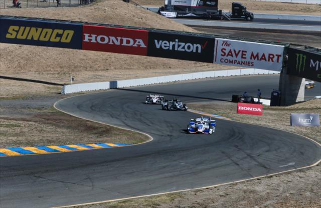 Scott Dixon leads a group up the hill into Turn 2 during the final warmup for the GoPro Grand Prix of Sonoma -- Photo by: Richard Dowdy