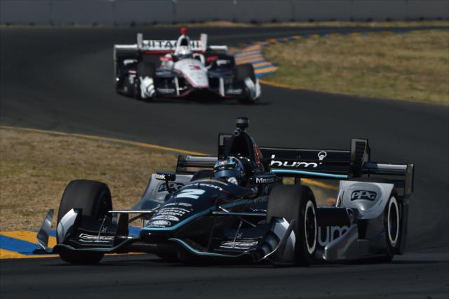 Josef Newgarden and Helio Castroneves roll through the Turns 8-8A backstretch esses during the GoPro Grand Prix of Sonoma at Sonoma Raceway -- Photo by: Chris Owens