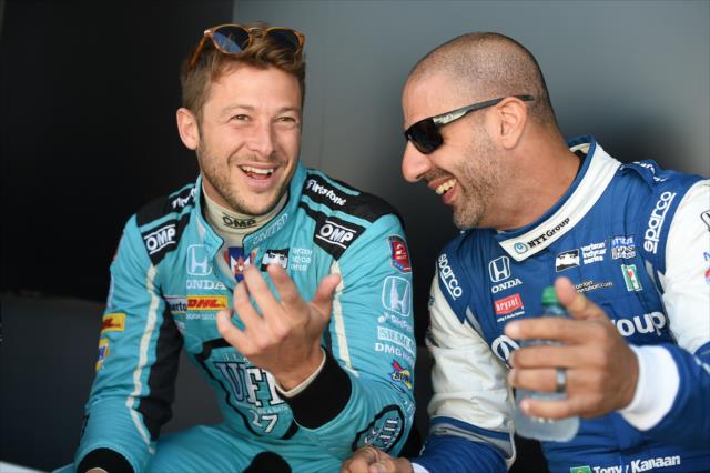 Marco Andretti and Tony Kanaan chat backstage during pre-race festivities for the GoPro Grand Prix of Sonoma at Sonoma Raceway -- Photo by: Chris Owens