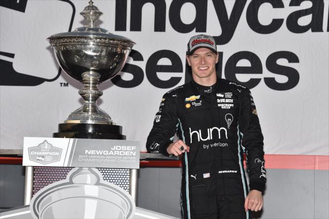 Josef Newgarden poses with the Astor Cup as the 2017 Verizon IndyCar Series champion -- Photo by: Chris Owens