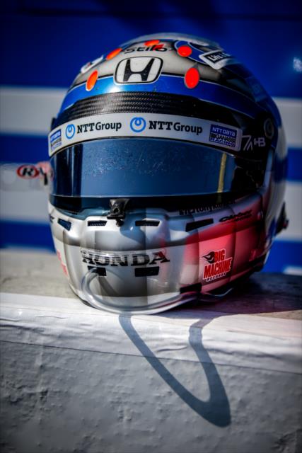 The helmet of Tony Kanaan sits at-the-ready along pit lane prior to the GoPro Grand Prix of Sonoma -- Photo by: Shawn Gritzmacher