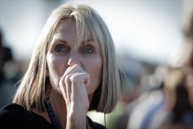 Josef Newgarden's mother, Tina, watches track activity from the Team Penske pit stand during the GoPro Grand Prix of Sonoma at Sonoma Raceway -- Photo by: Shawn Gritzmacher