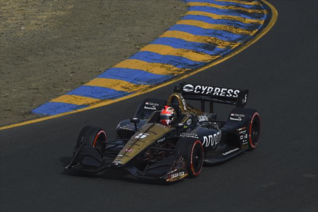 James Hinchcliffe hammers out of Turn 2 during practice for the INDYCAR Grand Prix of Sonoma at Sonoma Raceway -- Photo by: Chris Owens